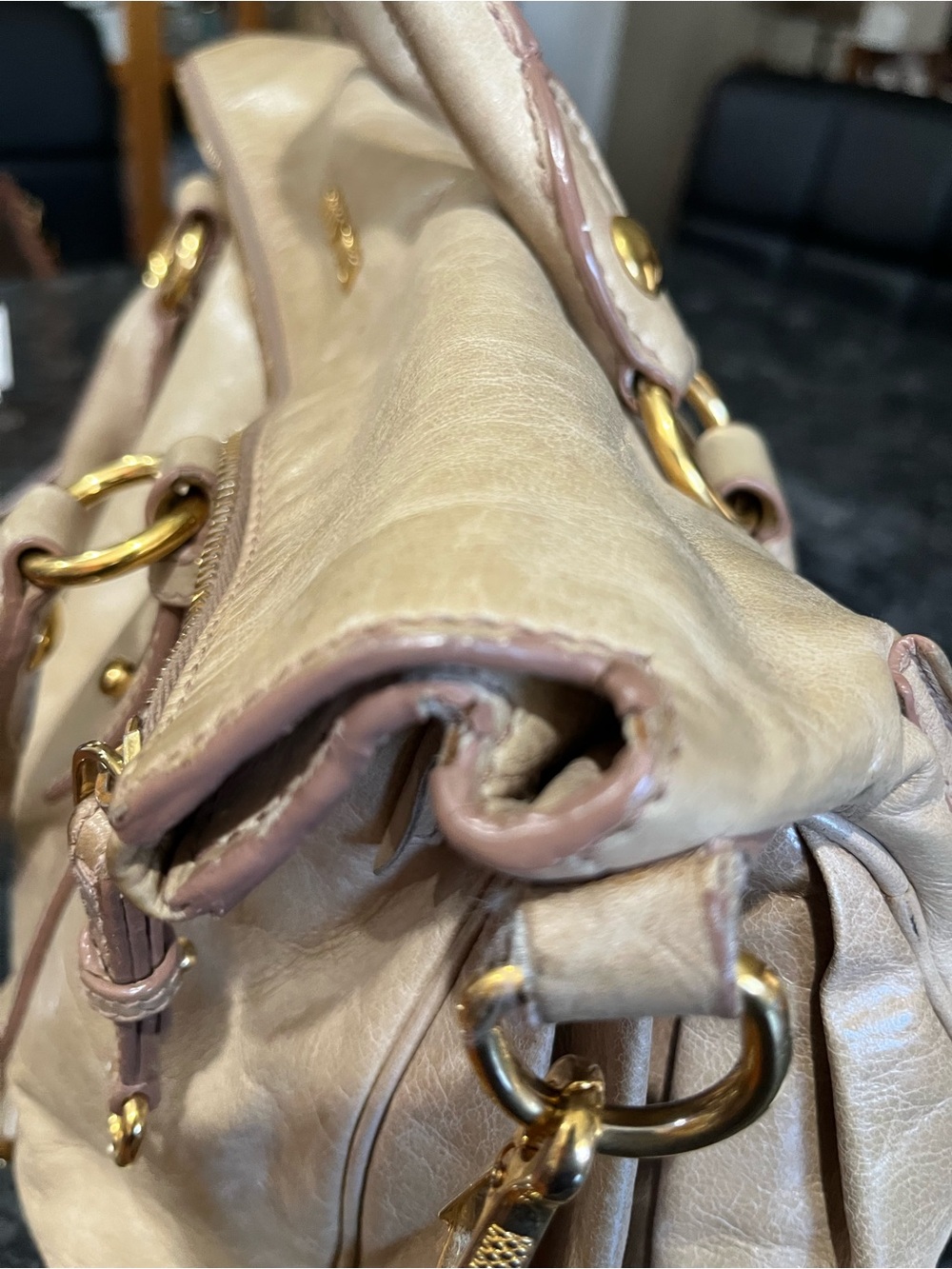 Miu Miu Metallic Beige Leather Satchel with Gold Hardware - Picture 10 of 11